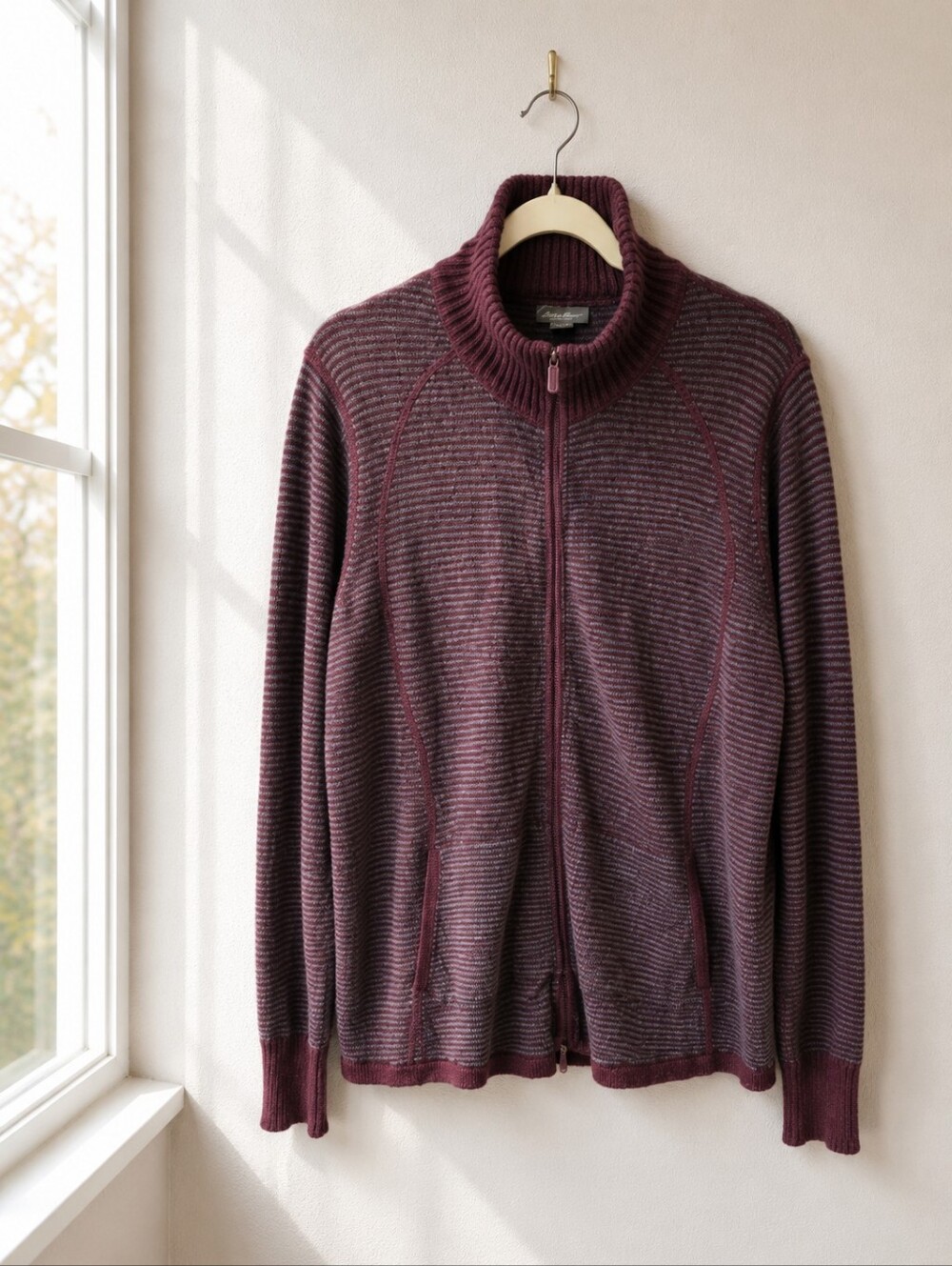 Eddie Bauer Womens XL Striped Mock Neck Zip Sweater Maroon Gray Cotton Blend